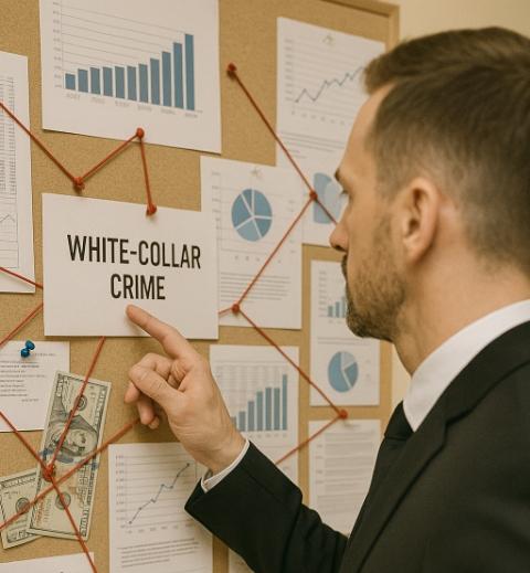 Mann im Anzug untersucht ein Ermittlungsboard mit dem Begriff „White-Collar Crime“, umgeben von Diagrammen und Geldscheinen.