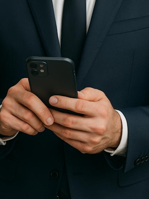 Mann im Anzug hält ein Smartphone in beiden Händen, Symbol für mobile Kommunikation im professionellen Umfeld.