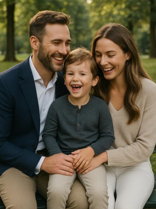Lachende Familie mit Vater, Mutter und kleinem Sohn sitzt eng beieinander auf einer Bank im Park.